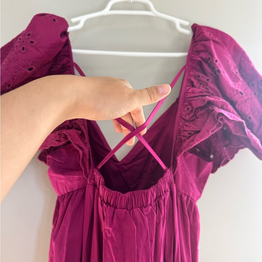 En Saison Eyelet Puff Sleeve Midi Dress M Magenta Cottagecore Romantic - Picture 7 of 10
